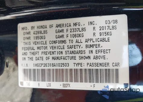 2008 Honda Accord 2.4 Lx from USA, damaged, VIN 1HGCP26318A102503